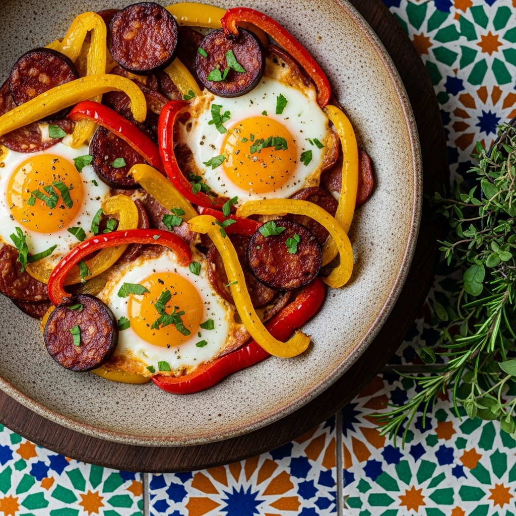 Paleo Portuguese Brunch: Eggs Roasted with Chouriço & Bell Peppers (Gluten-Free)